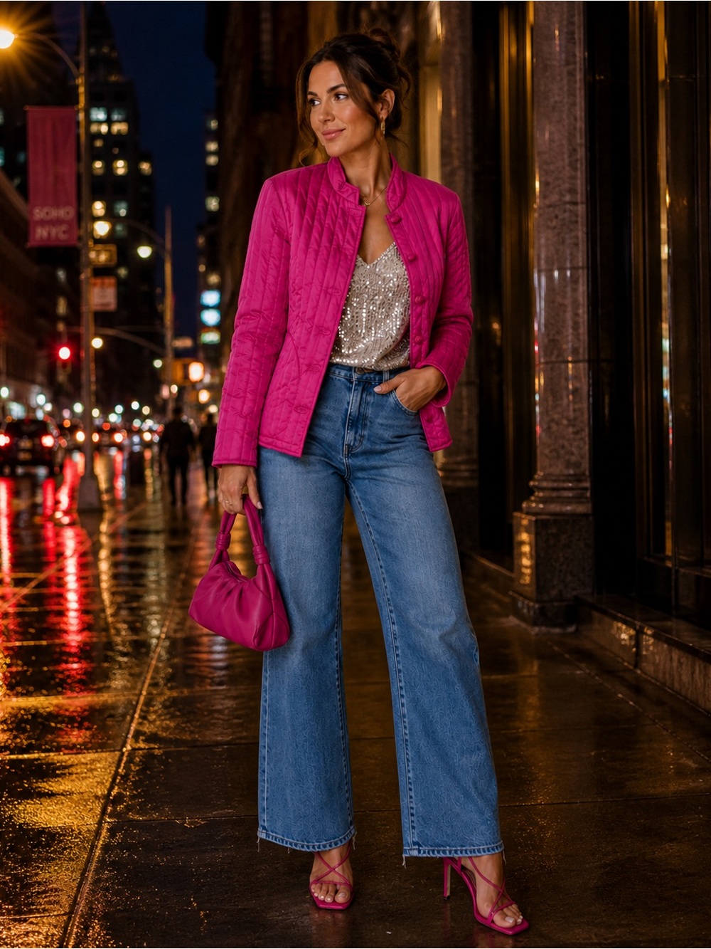 Vintage 1980’s Women's Quilted Mandarin Collar Jacket - Fuchsia Pink